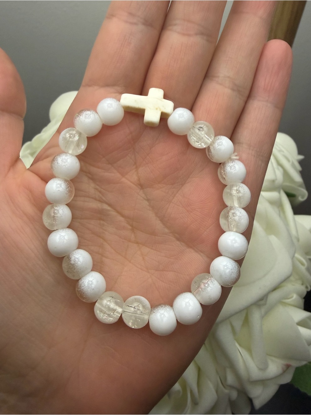 White Beaded Cross Stretch Bracelet - Brand